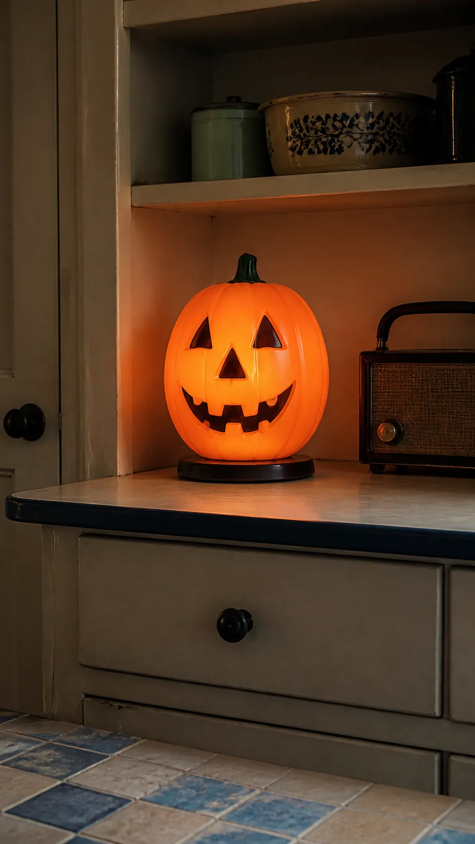 Pumpkin blow mold night light in a vintage Halloween kitchen