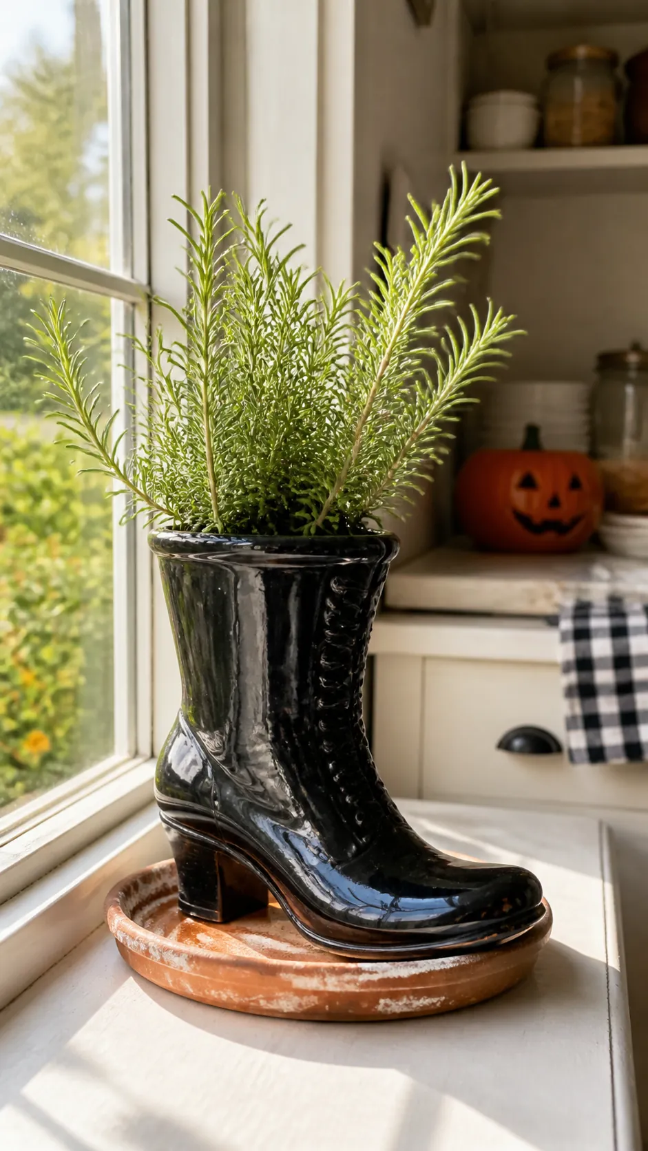 Witch boot planter with rosemary in a vintage Halloween kitchen