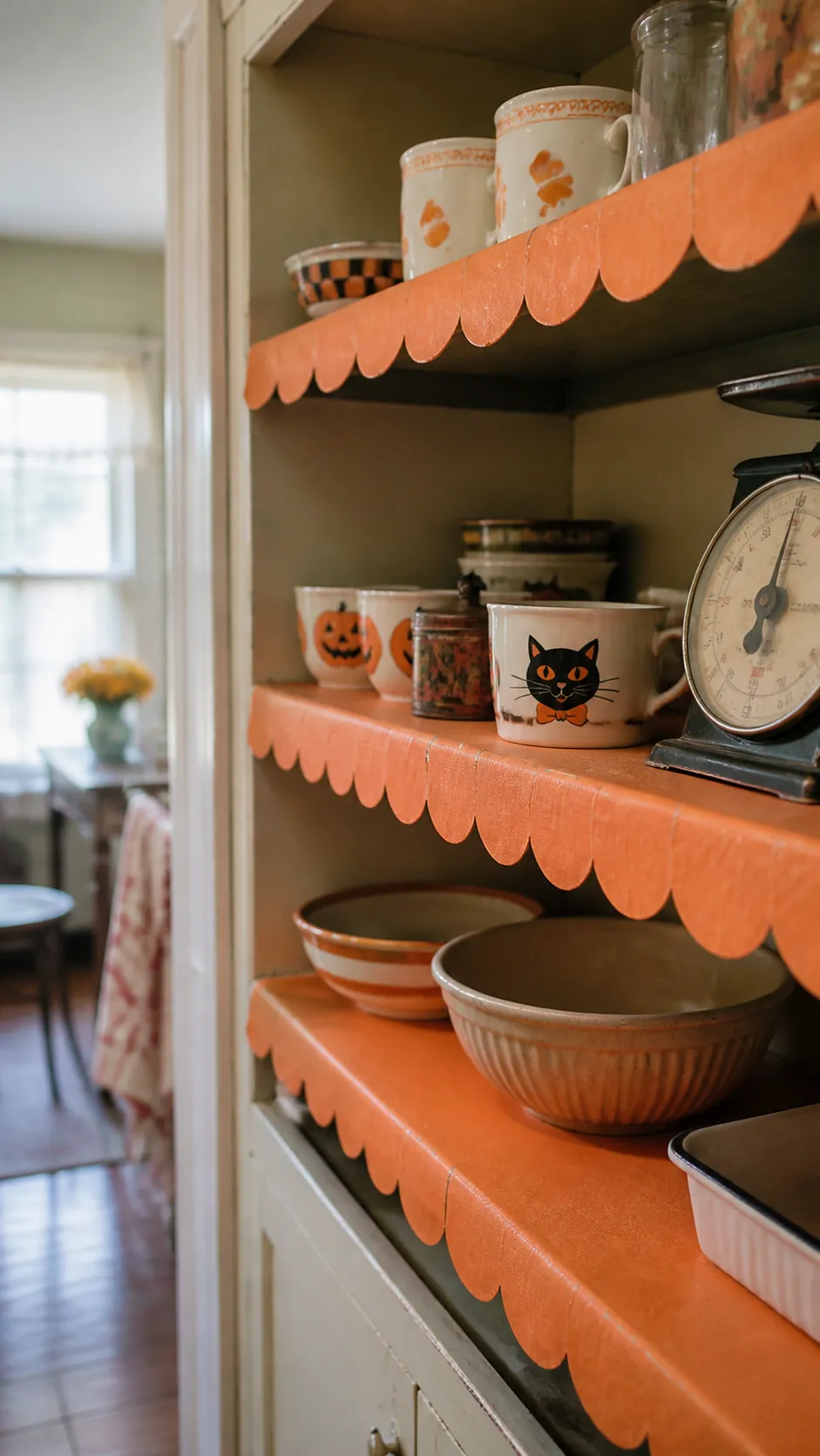 Fringed orange paper decorating a vintage Halloween kitchen shelf