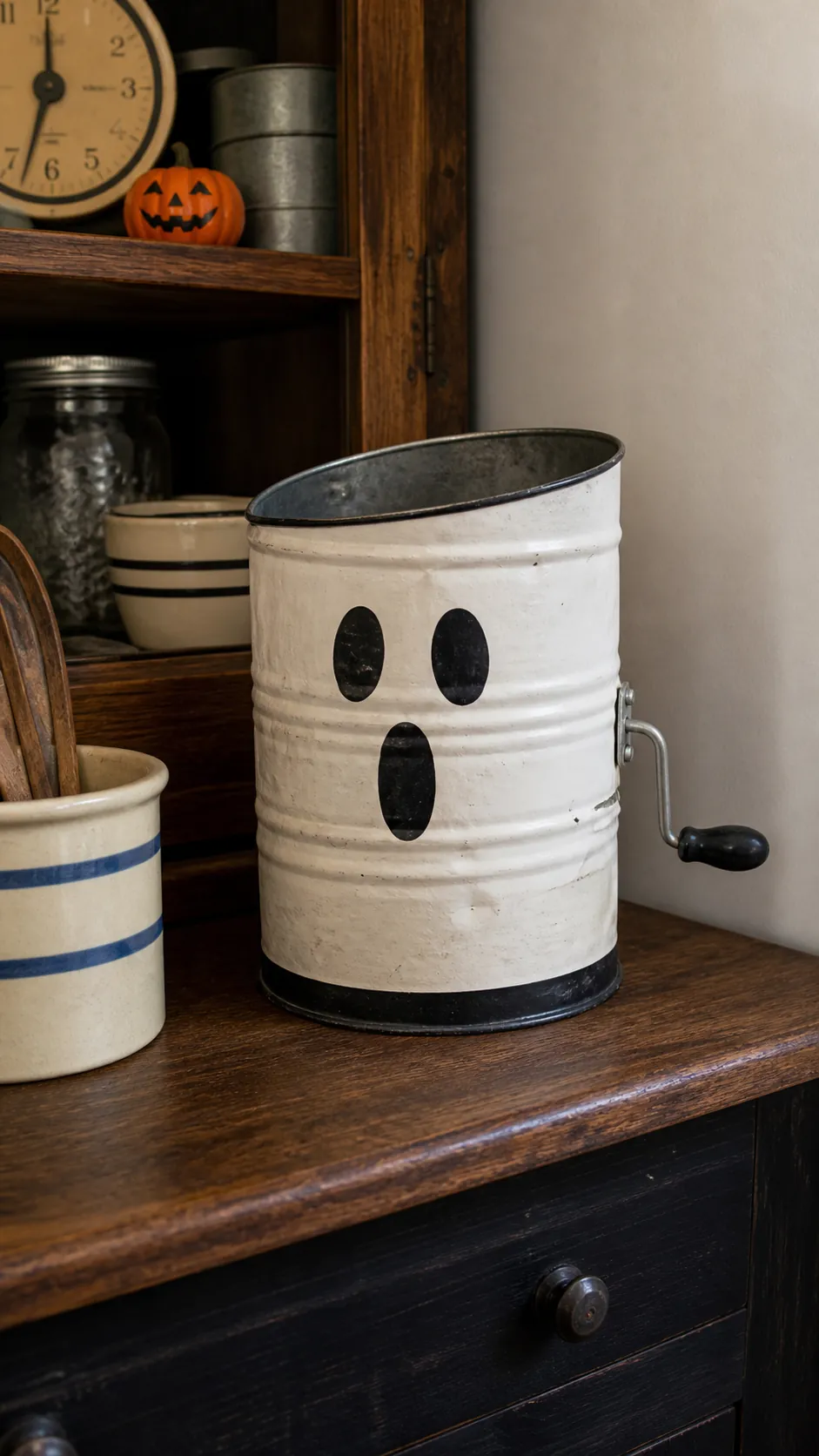 Hand painted ghost flour sifter in vintage Halloween decor