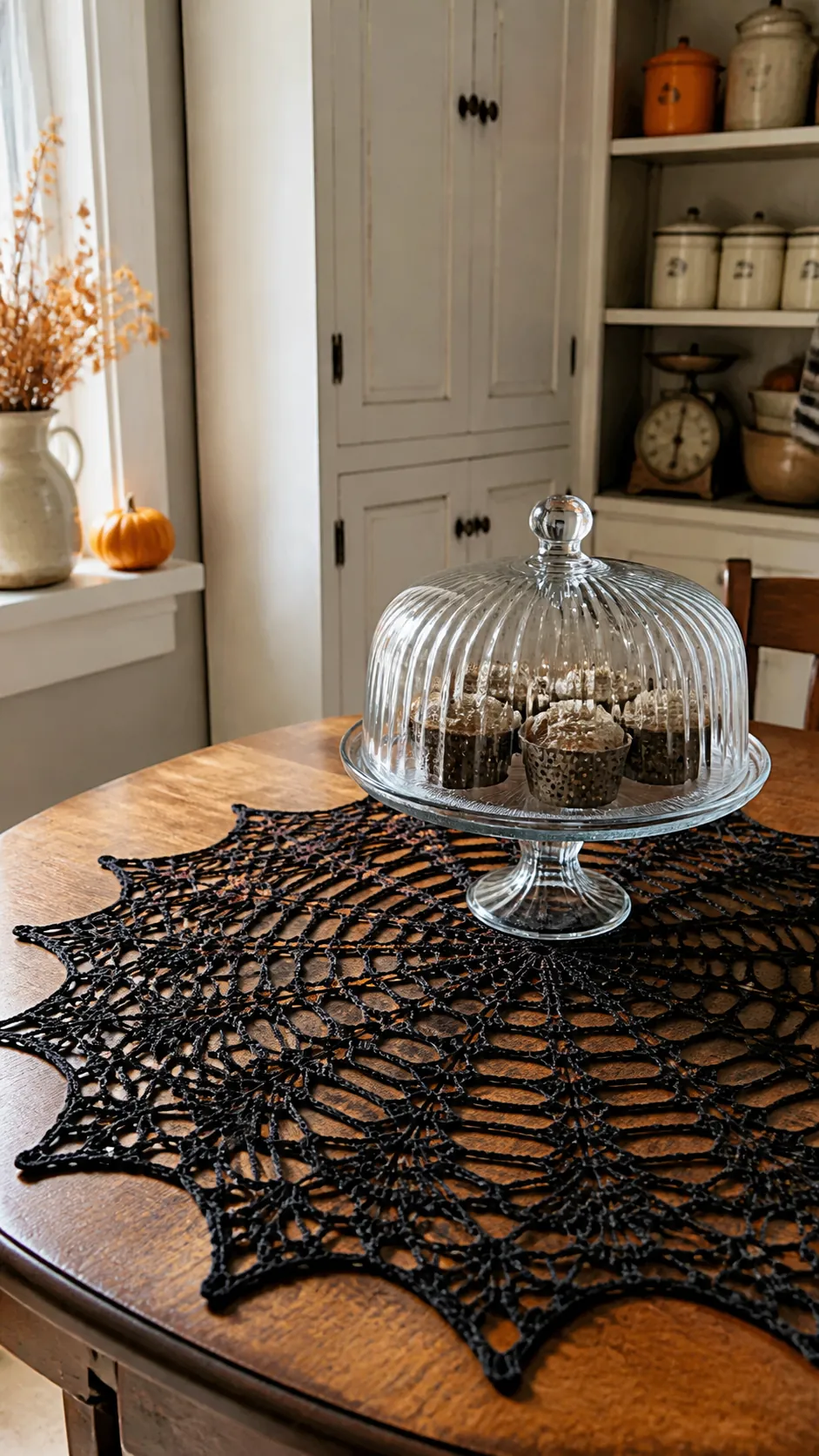 Crocheted spiderweb doily under a kitchen cake stand