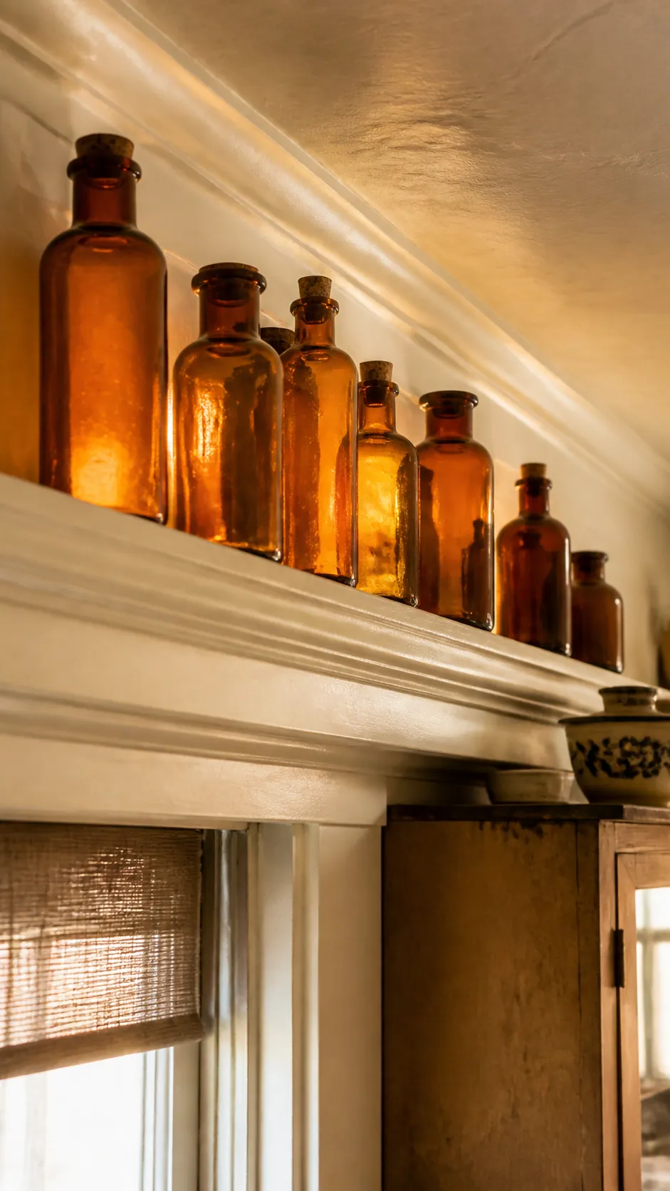 Amber pharmacy bottles in apothecary Halloween kitchen decor