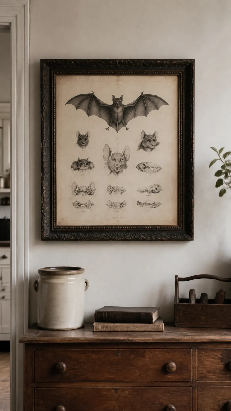 Antique frame with a bat study in a vintage Halloween kitchen
