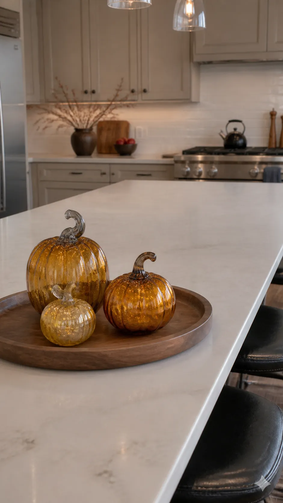 Glass pumpkins grouped on a round kitchen island tray