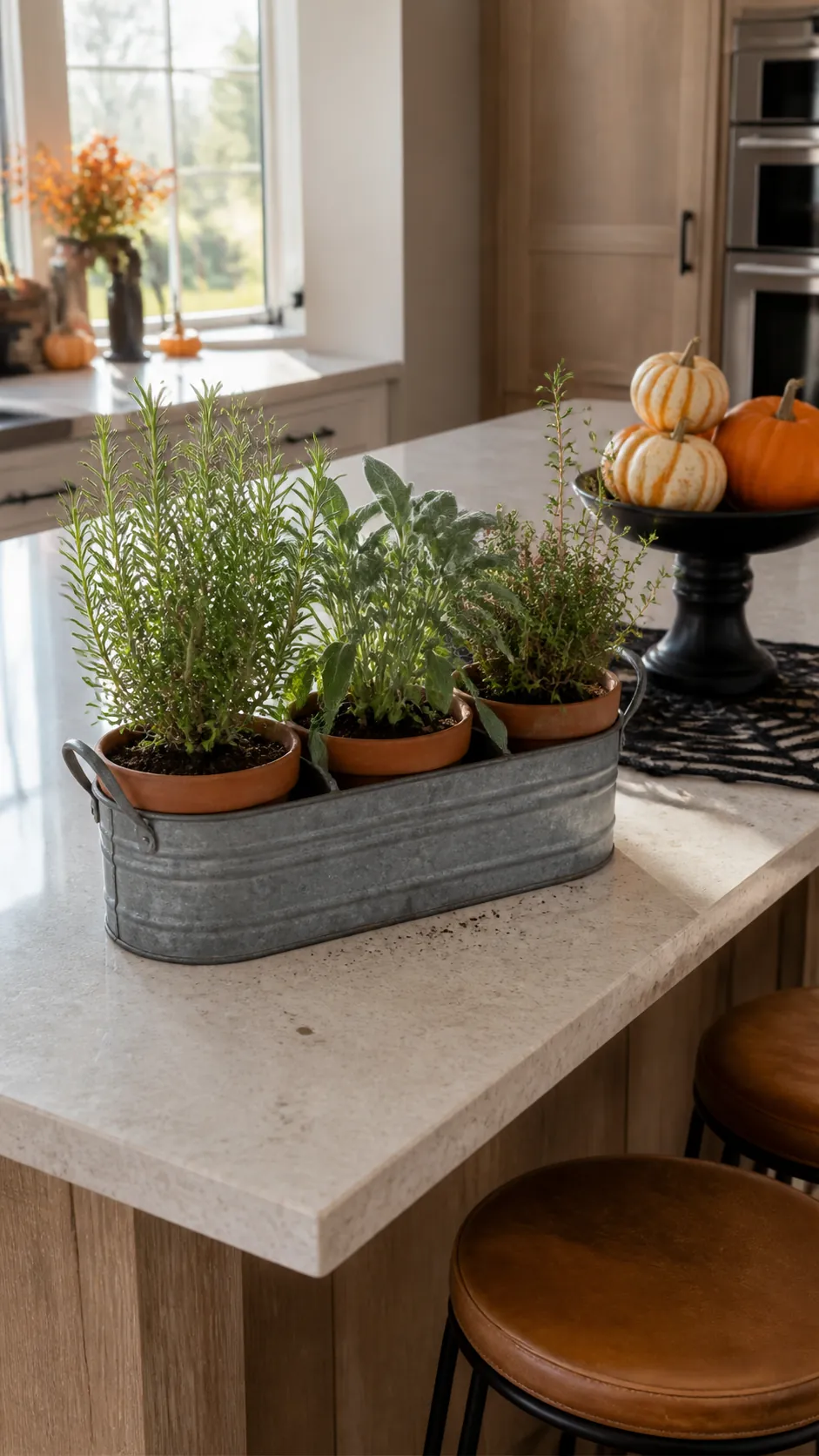 Witch herb garden arranged on a kitchen island