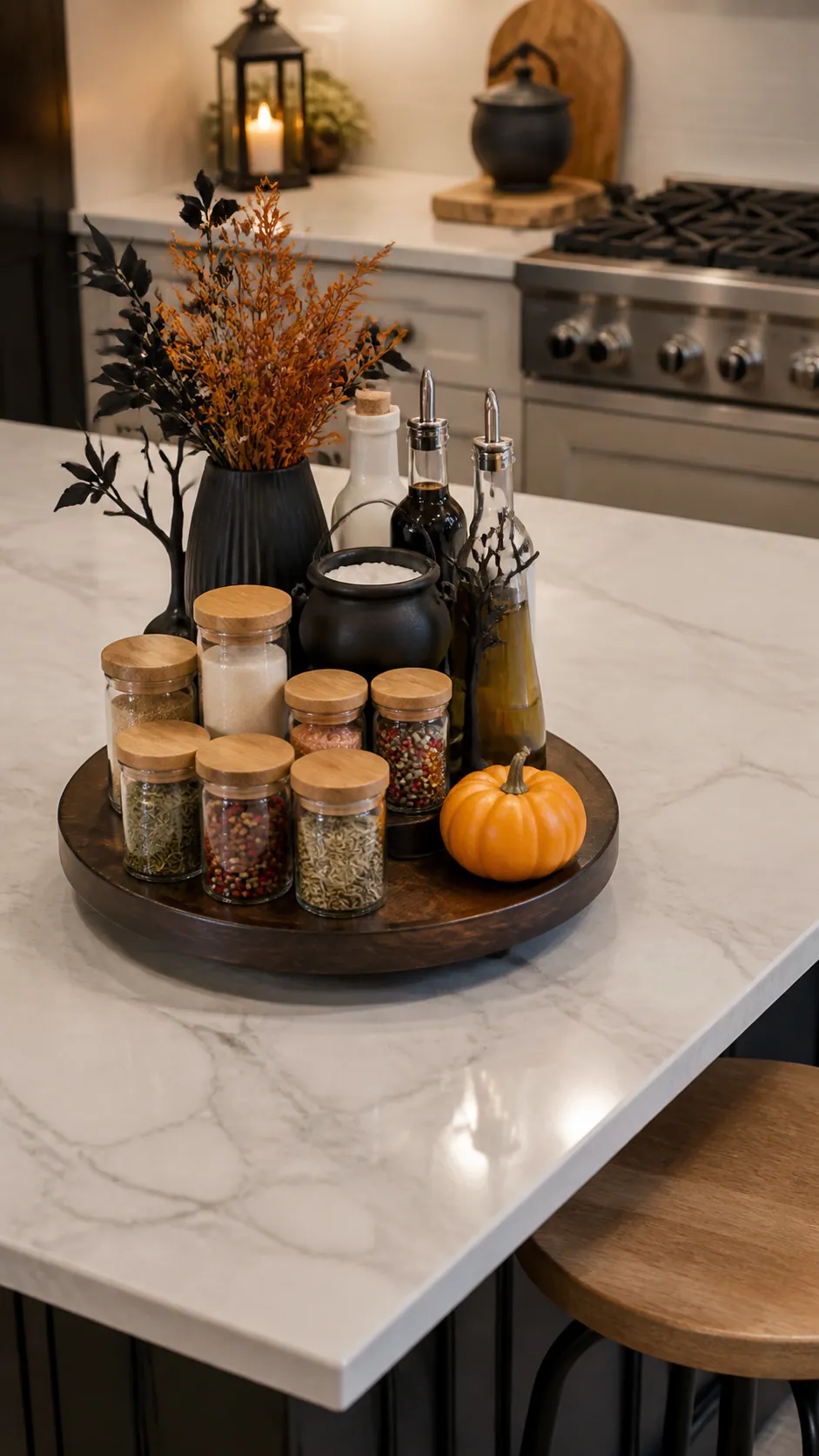Apothecary style lazy Susan on a Halloween kitchen island