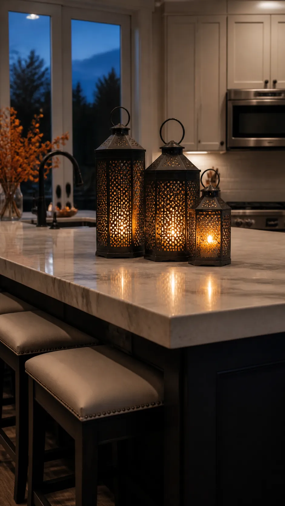 Battery lantern trio glowing on a Halloween kitchen island