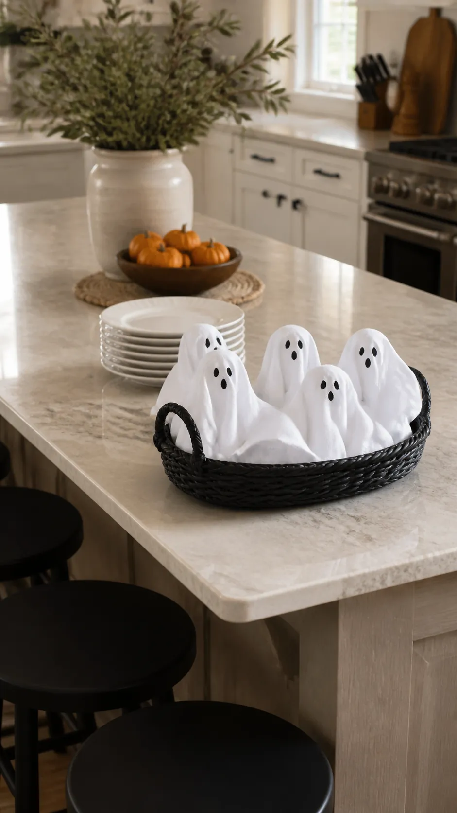 Ghost napkins arranged in a basket on a kitchen island