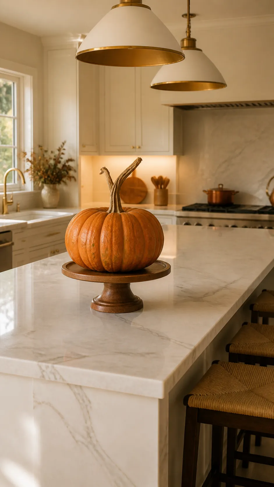 Single pumpkin on a wood pedestal on a kitchen island