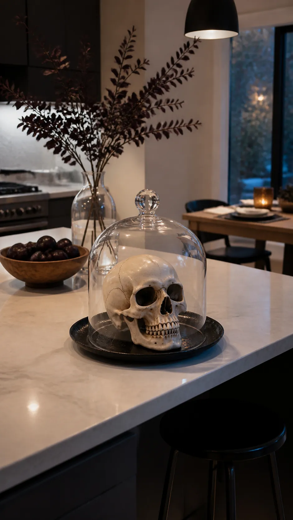 Resin skull under a glass cloche on a Halloween kitchen island