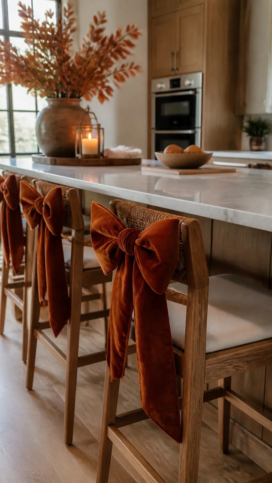 Rust velvet bows decorating Halloween kitchen island stools
