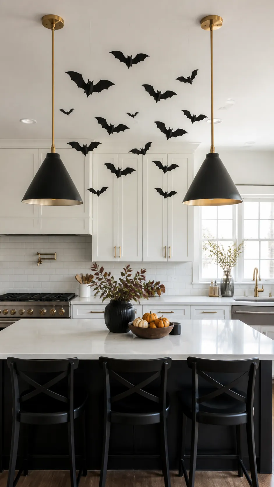 Paper bats flying around kitchen island pendant lights