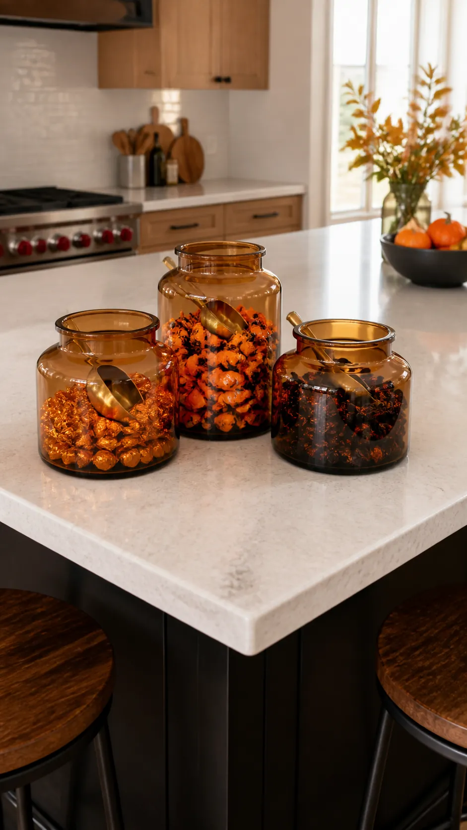 Amber jar candy station on a Halloween kitchen island