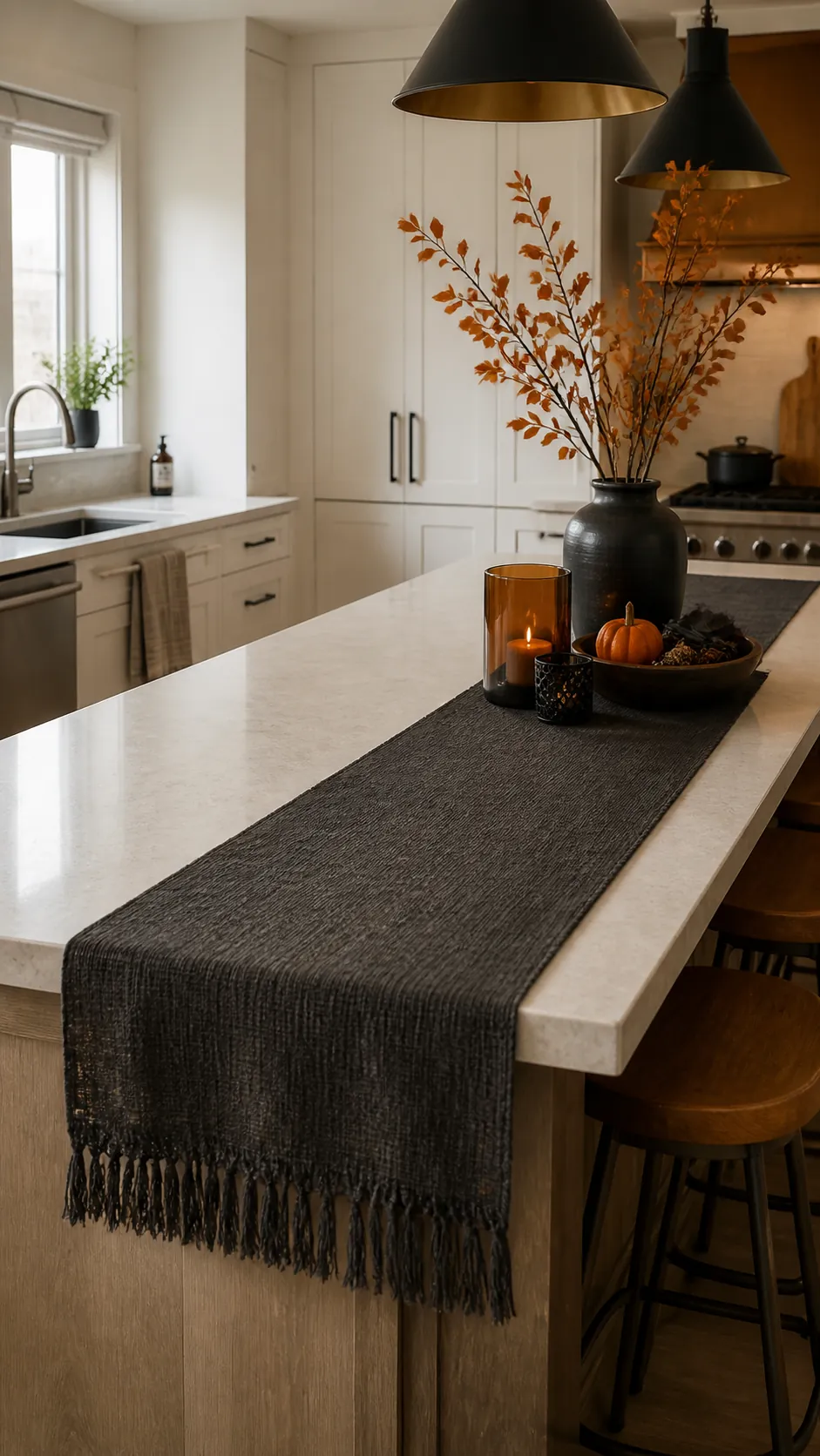 Charcoal gauze runner on a Halloween kitchen island