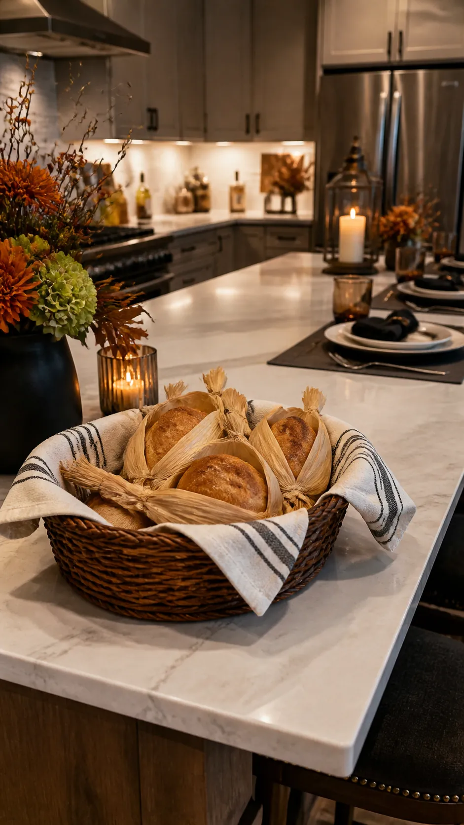 Harvest bread basket styled on a Halloween kitchen island