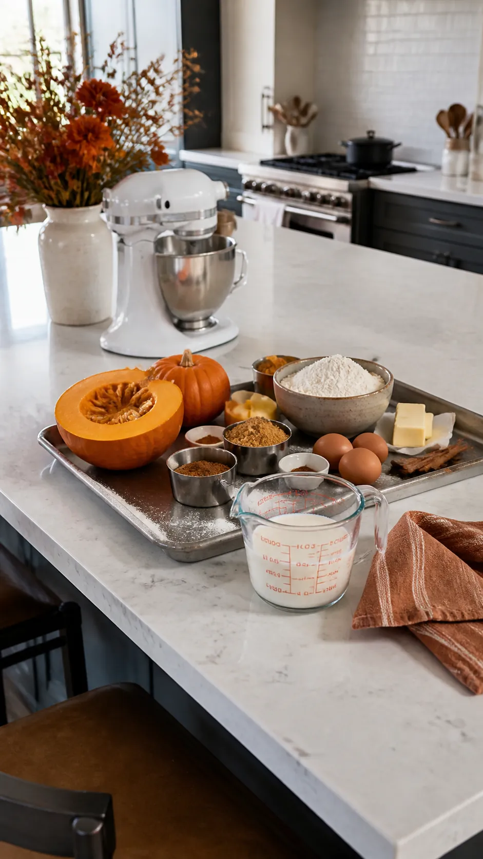 Pumpkin baking station arranged on a Halloween kitchen island