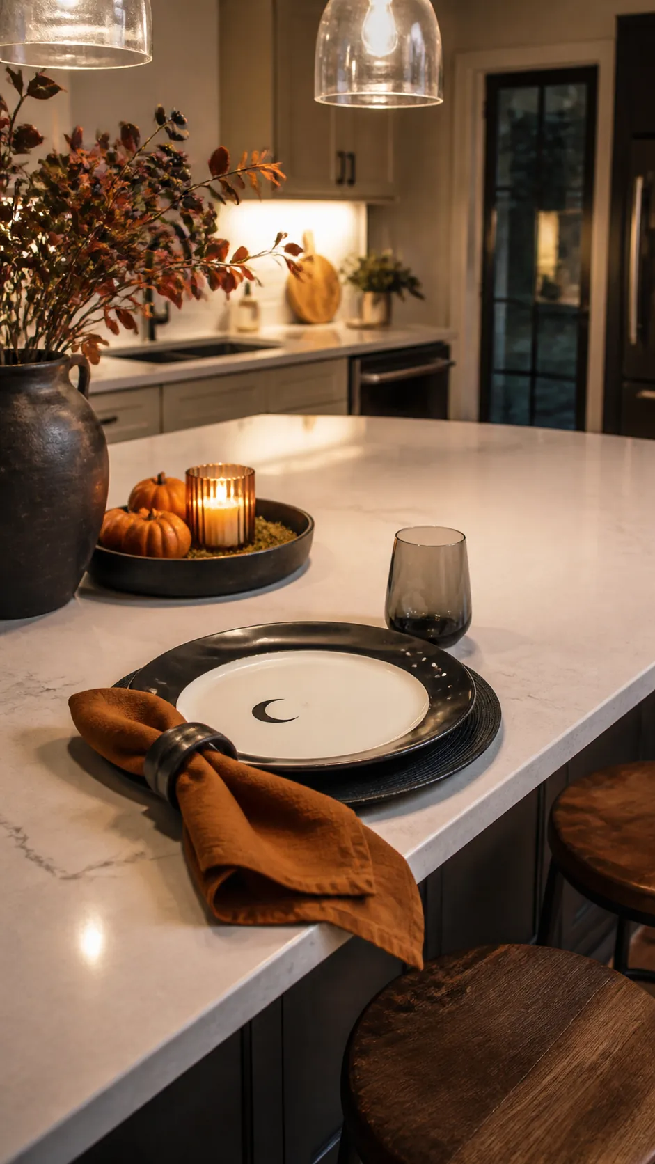 Moon themed place settings at a Halloween kitchen island