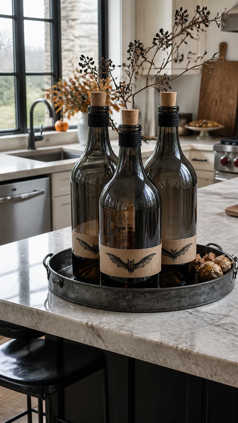 Smoked potion bottle cluster on a Halloween kitchen island