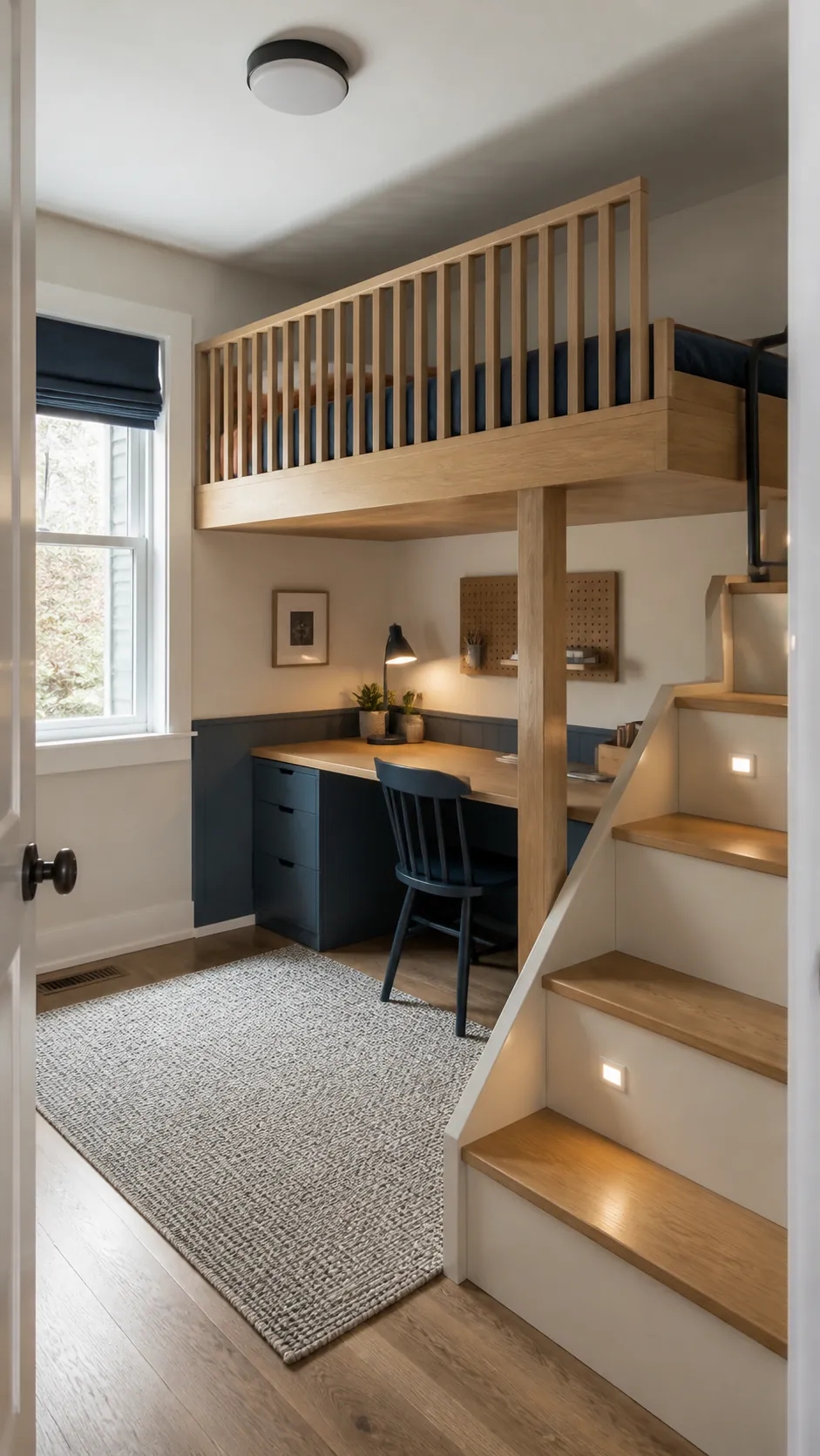 Built in wall loft bed with stairs study zone and safe guardrail