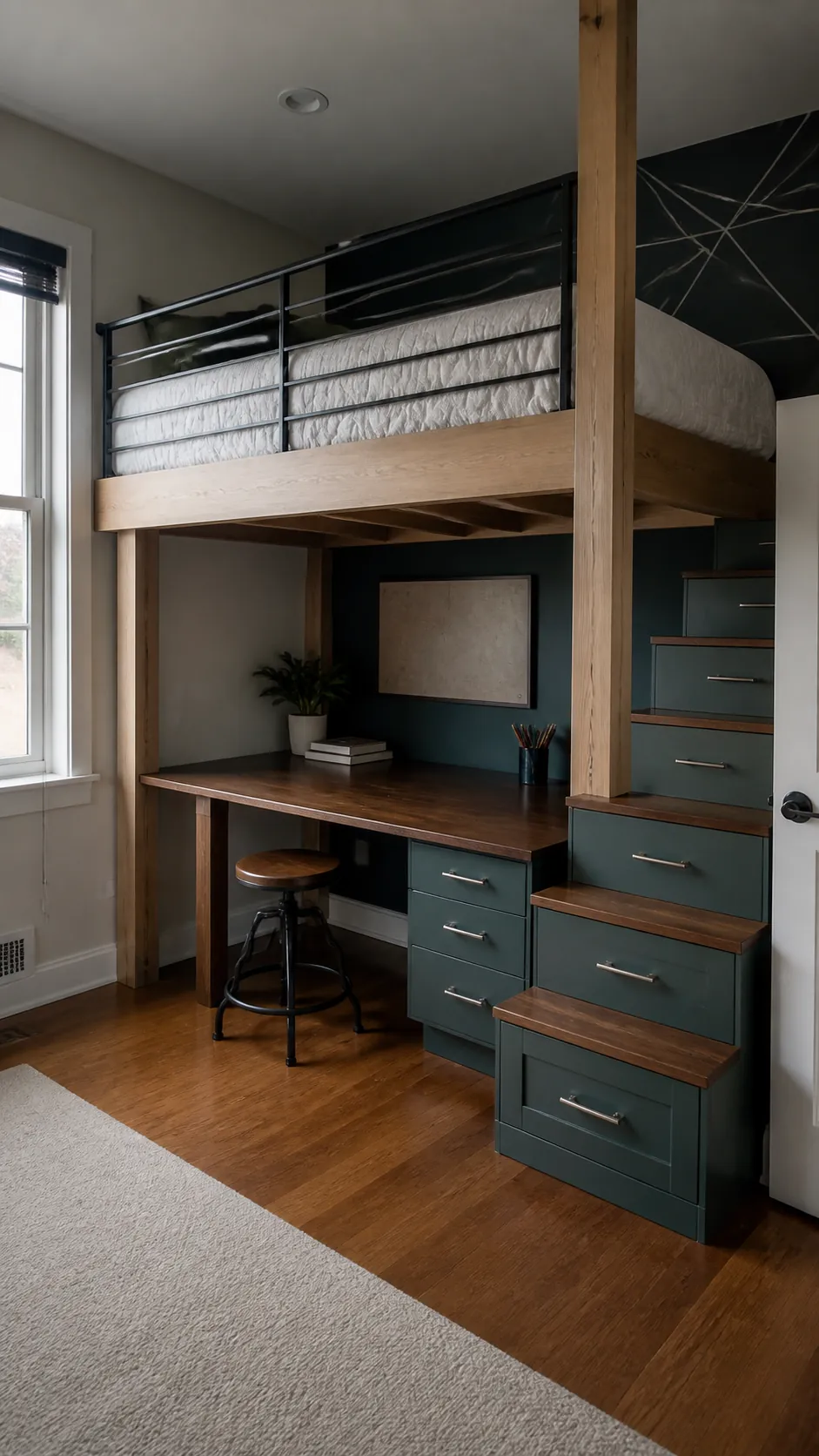 Built in loft bed with discreet support posts and open floor space