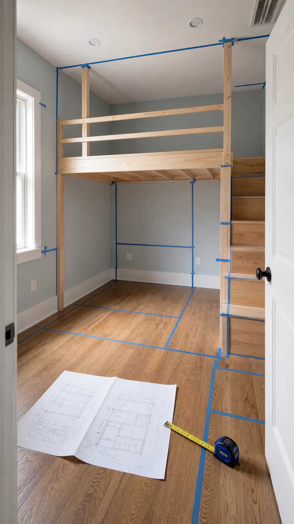 Measured small bedroom planned for a wall integrated loft bed
