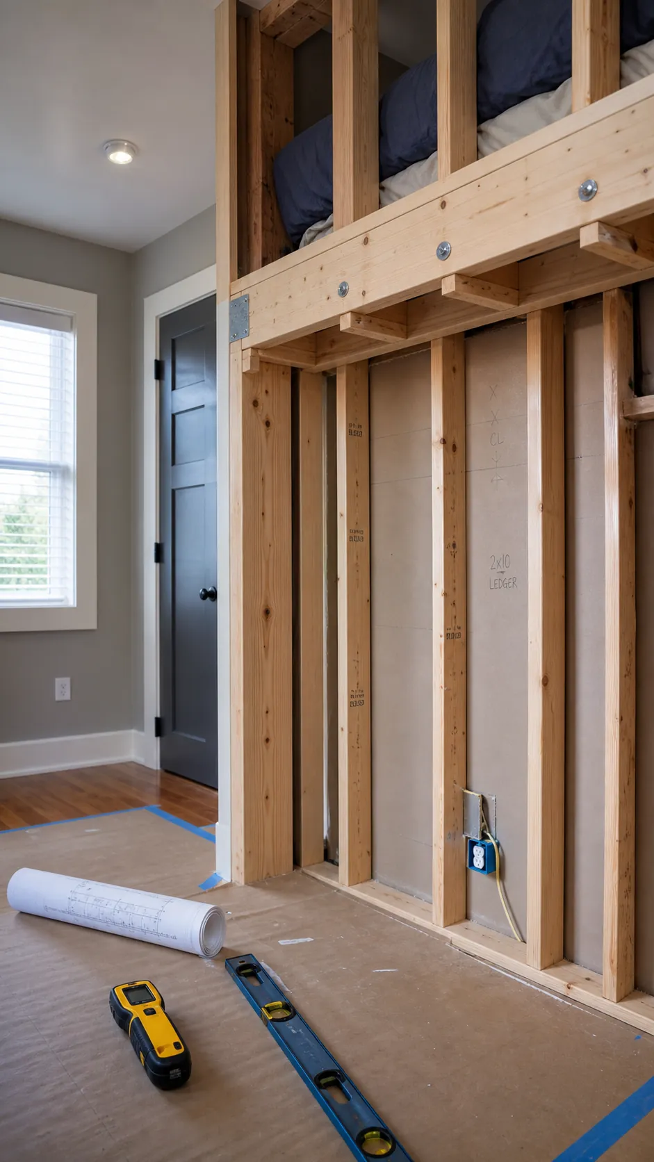 Carpenter reviewing wall framing for a built in loft bed