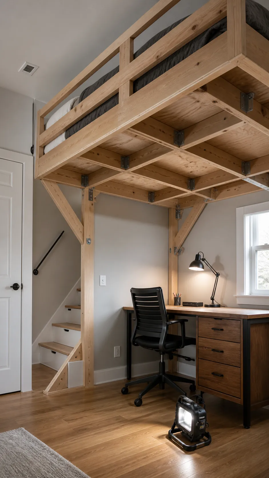 Rigid braced frame beneath a professionally built wall loft bed