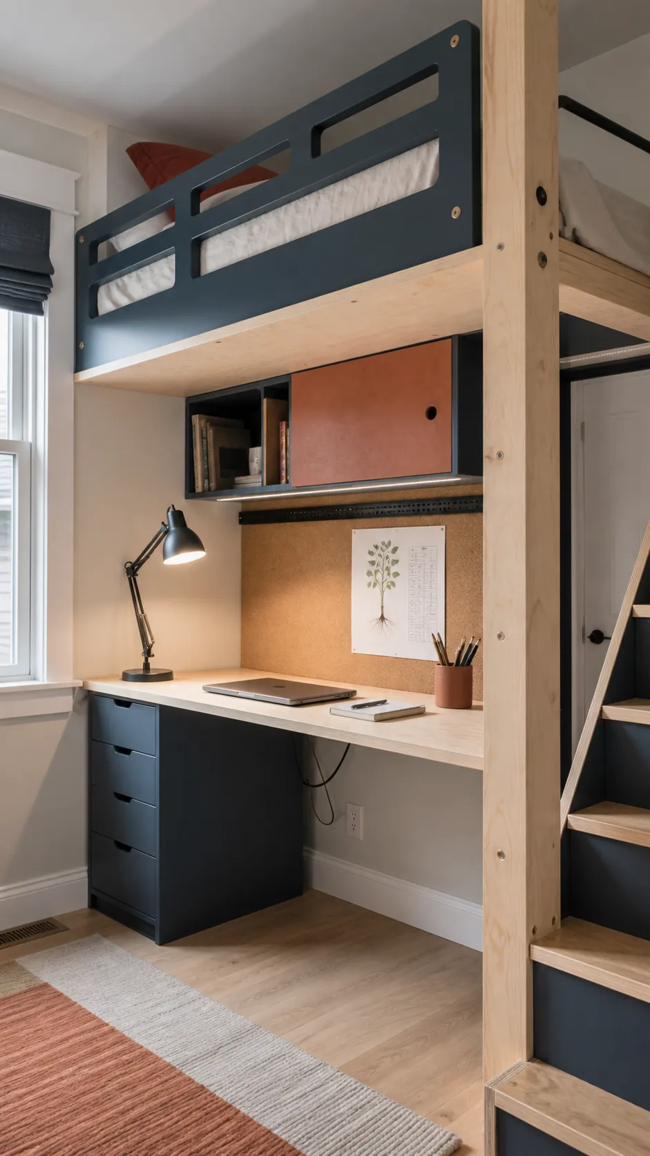 Practical study desk and storage beneath a built in loft bed