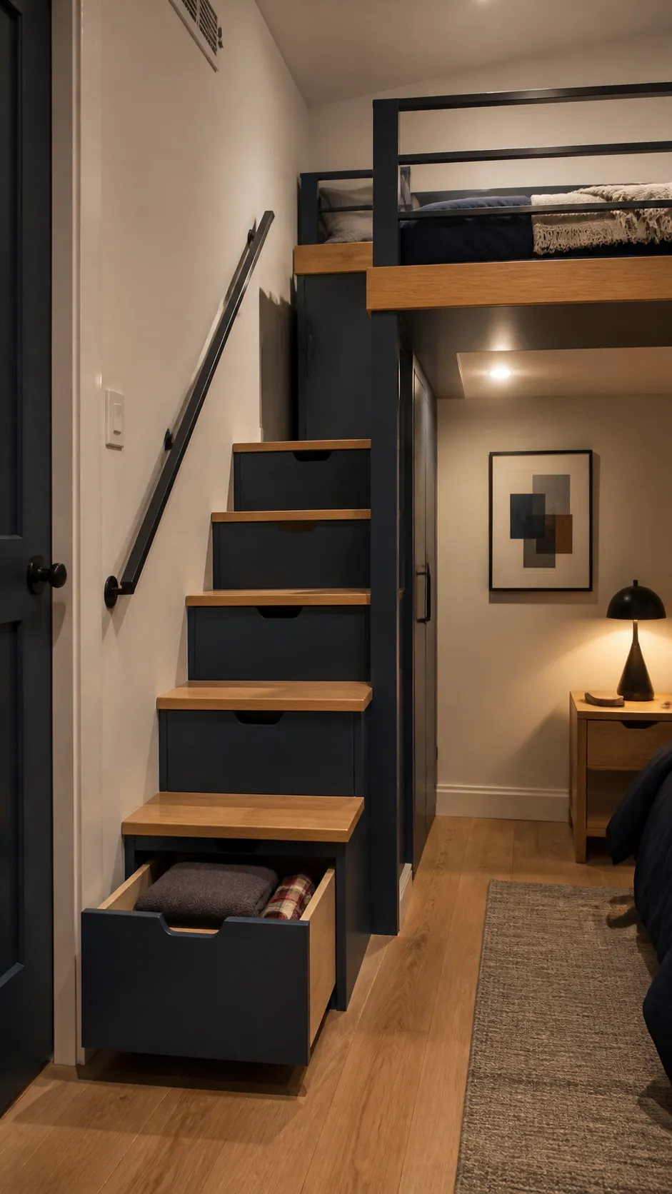 Compact loft bed stairs with safe handholds and storage