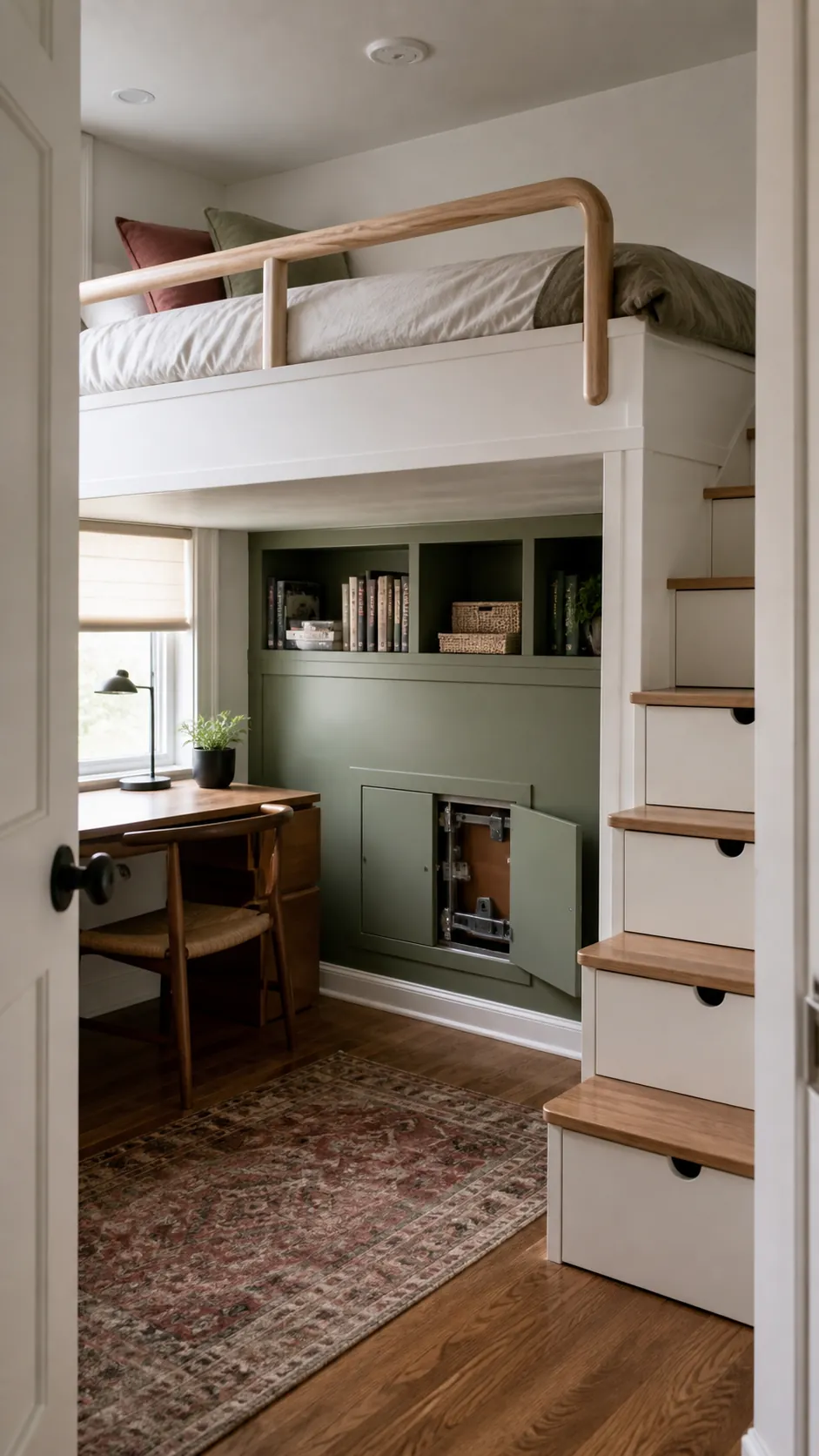 Finished wall loft bed with accessible connections and clean trim