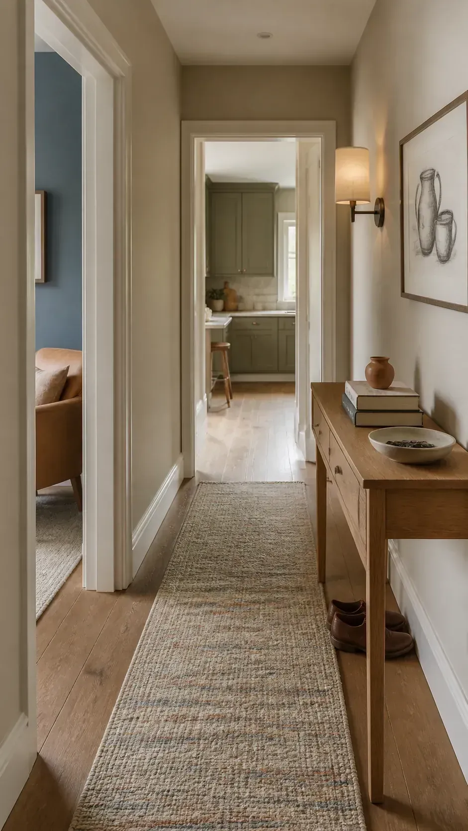 Warm neutral hallway connecting colorful modern rooms