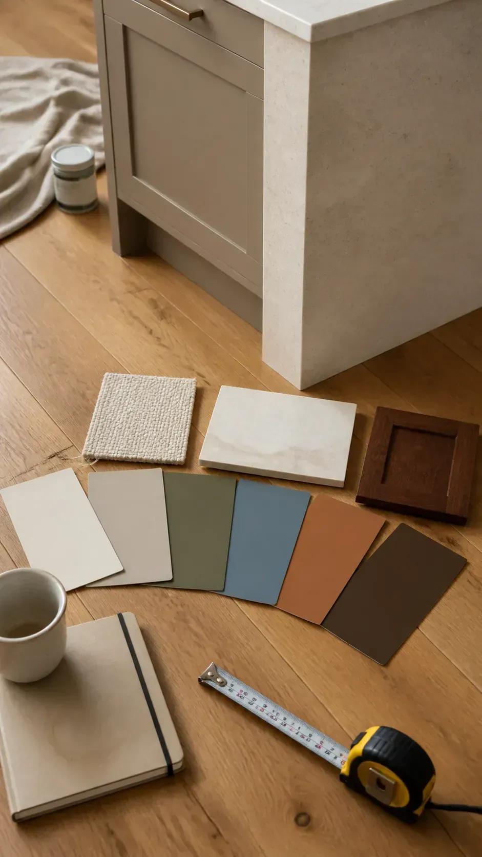 Modern interior color palette samples beside oak flooring and stone finishes