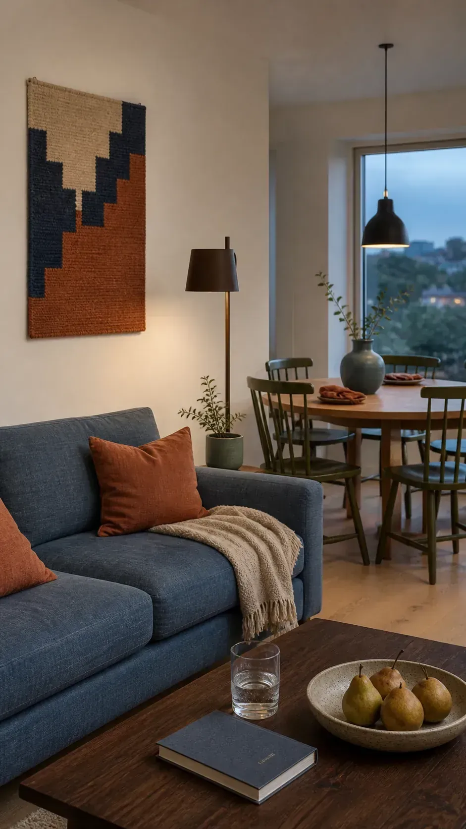 Contemporary color palette repeated through living and dining decor