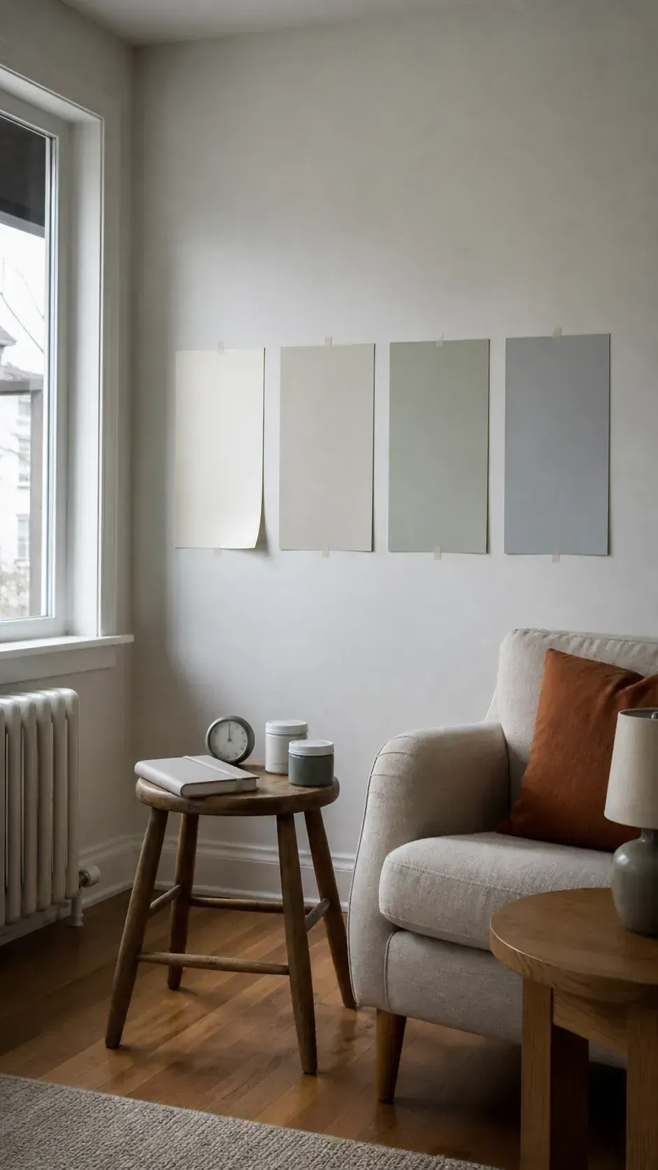 Large interior paint samples tested in changing daylight