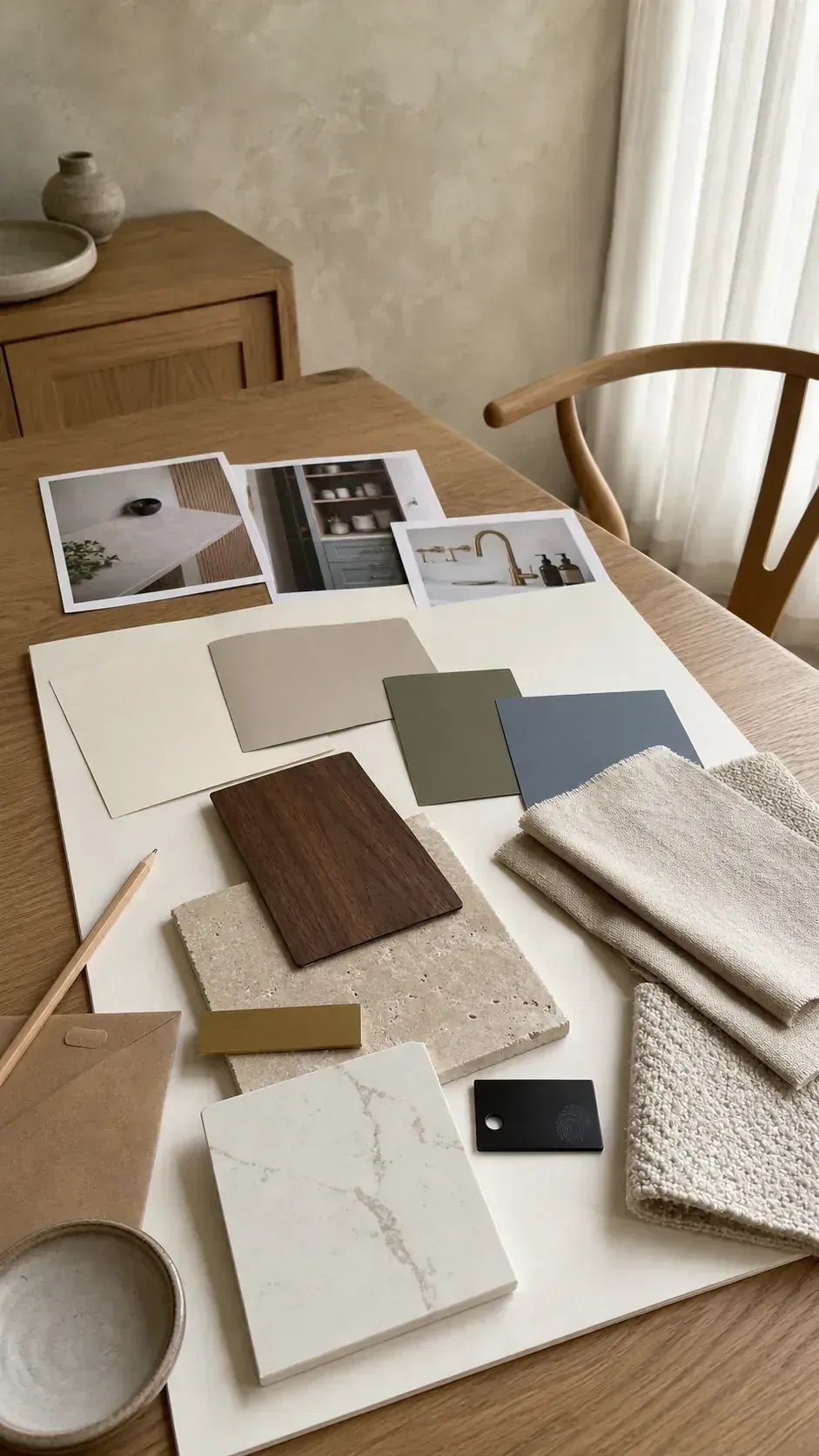 Whole home color palette board with paint fabric wood and stone samples
