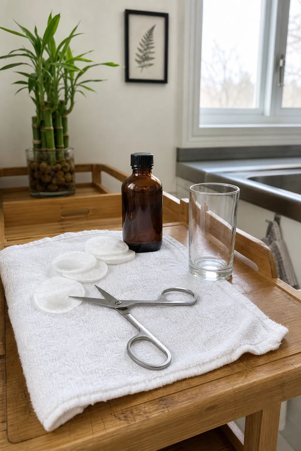 Disinfected pruning shears beside a lucky bamboo plant and clean glass
