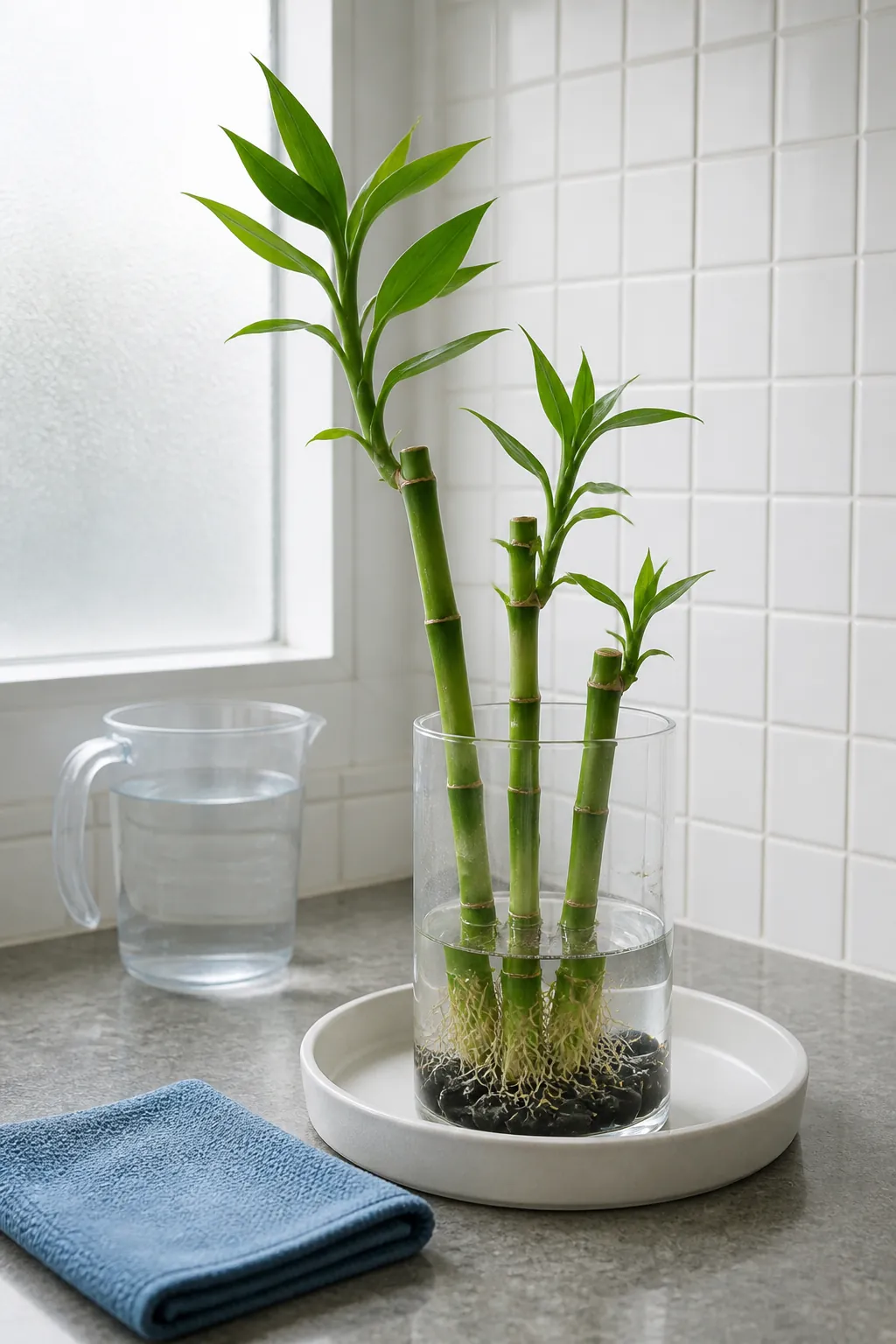 Firm green lucky bamboo canes inspected before trimming