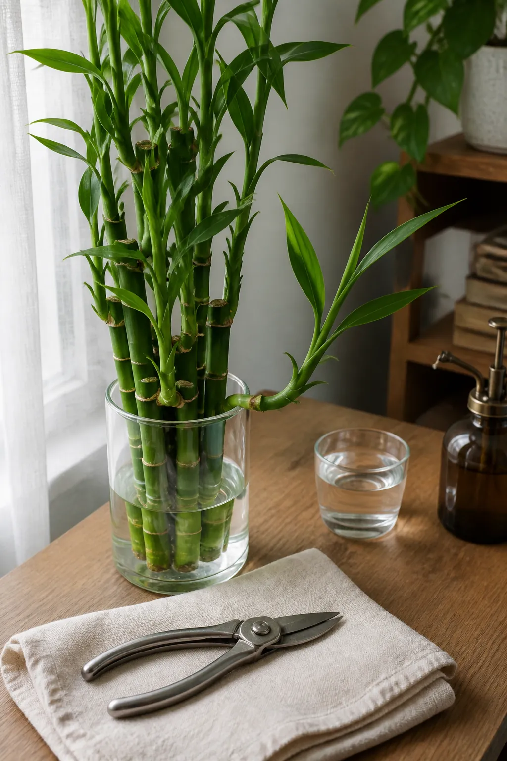 Healthy lucky bamboo beside clean pruning shears ready for a precise cut