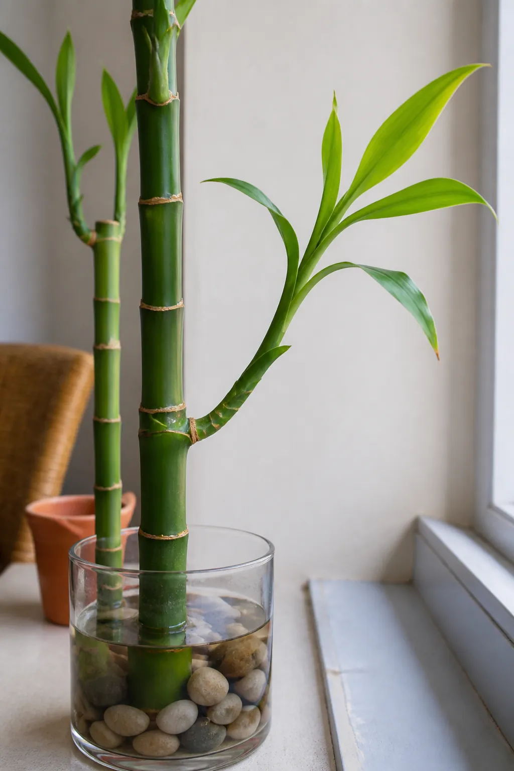 Healthy lucky bamboo with a leafy shoot selected for pruning
