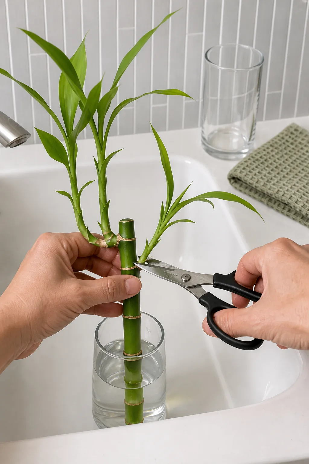 Leafy lucky bamboo side shoot being trimmed close to the main cane