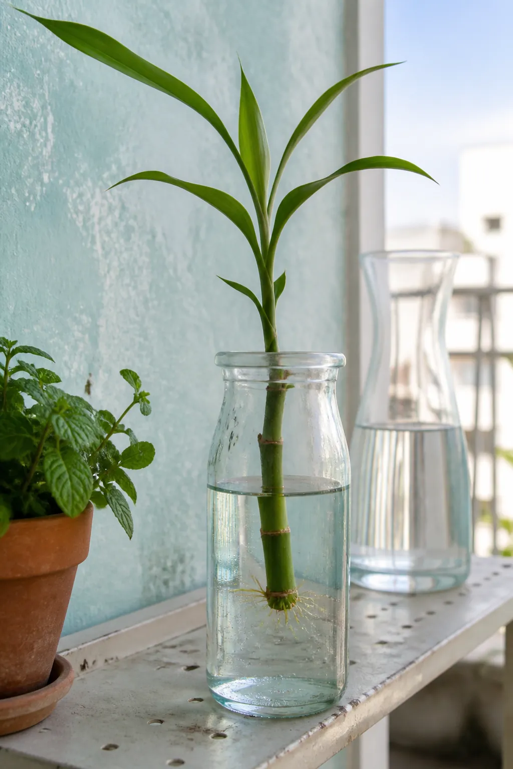 Lucky bamboo cutting rooting upright in a clean glass of water