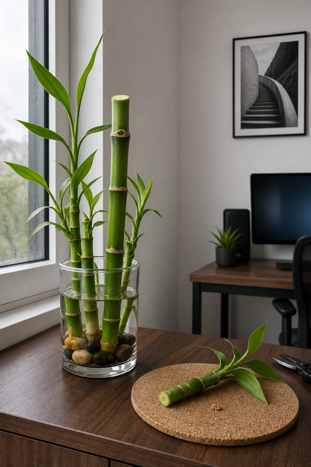 Tall lucky bamboo cane cut cleanly above a healthy node