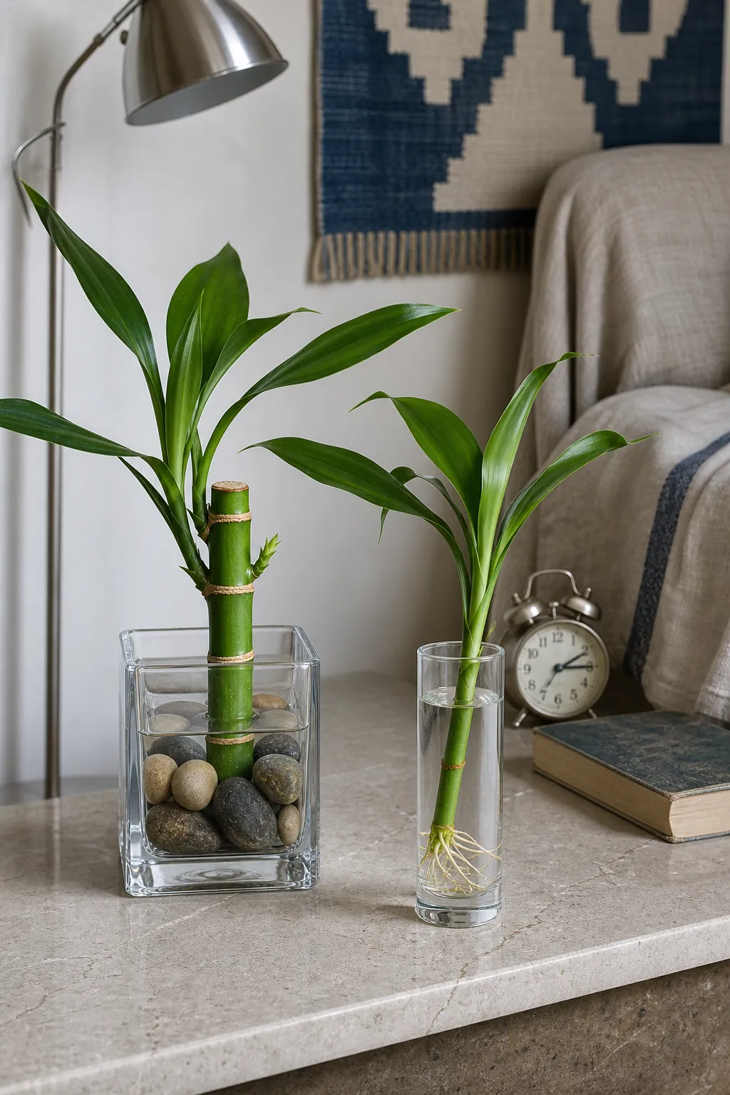 Healthy parent lucky bamboo and rooted cutting during aftercare