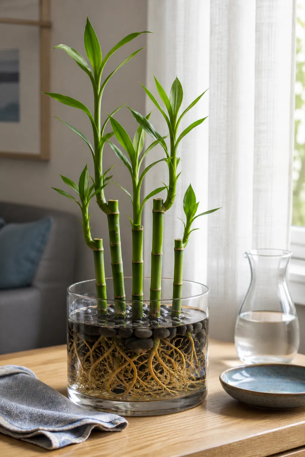 Thriving lucky bamboo growing in a bright home with clean water and healthy leaves