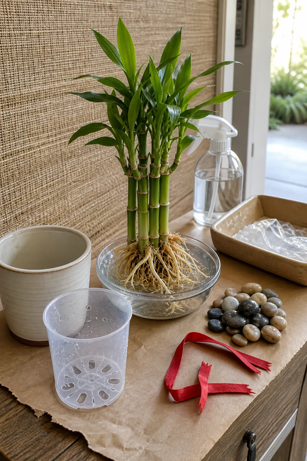 New lucky bamboo removed from decorative packaging for a root inspection