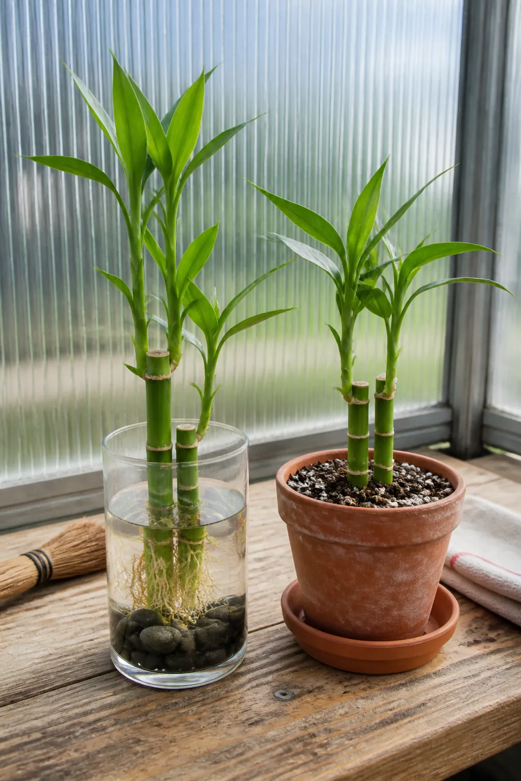 Lucky bamboo growing separately in water and in draining soil
