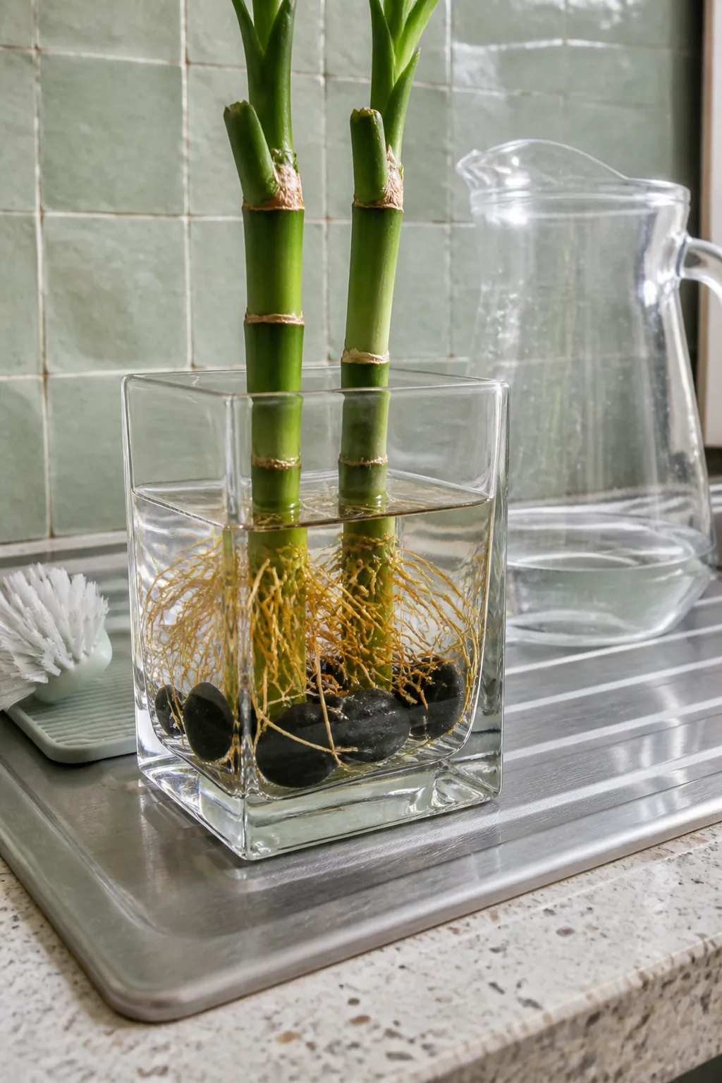 Lucky bamboo roots in clean fresh water at the correct level