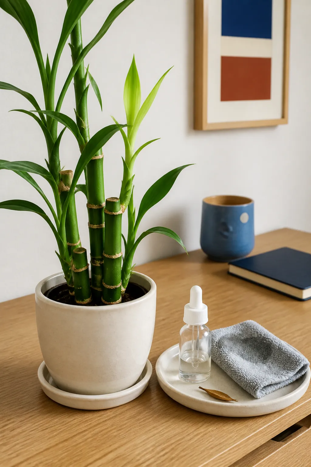 Healthy lucky bamboo showing firm green canes and fresh new leaves