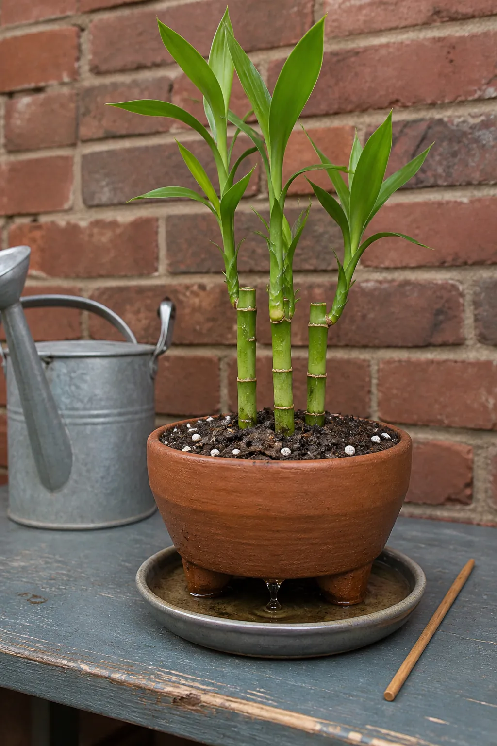Lucky bamboo in an airy soil mix draining after watering