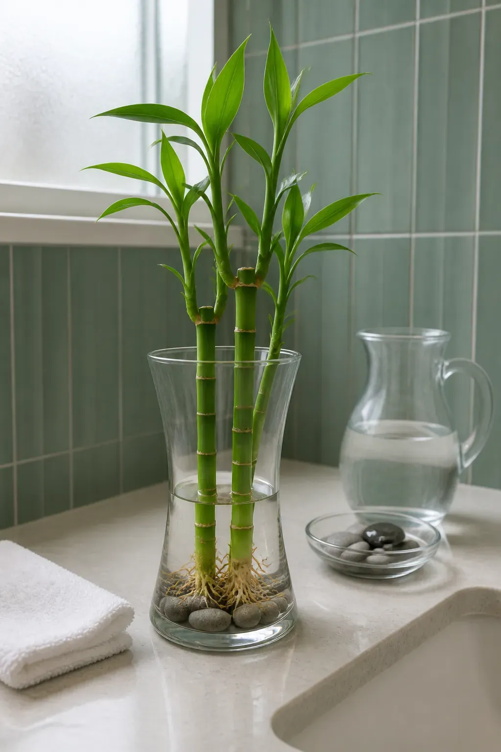 Indoor lucky bamboo roots correctly submerged in a clean water arrangement